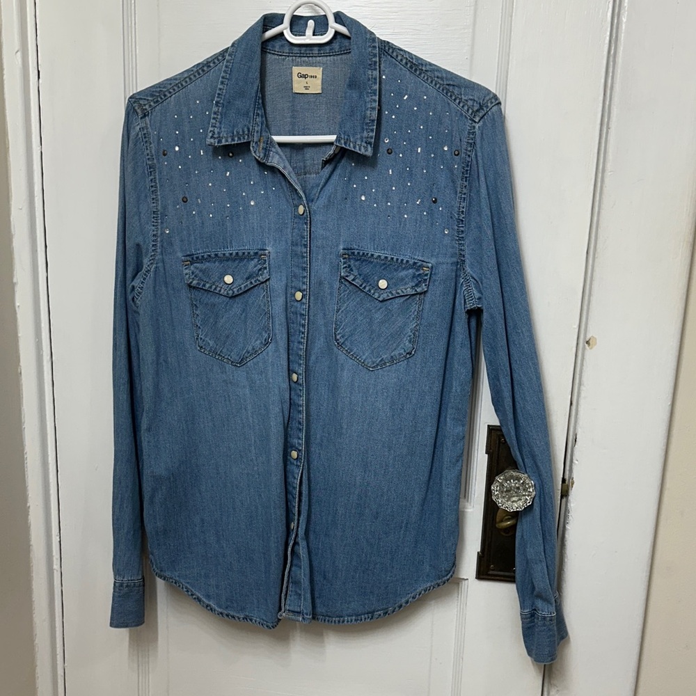 GAP Women's Denim Blue Studded Button Down Shirt